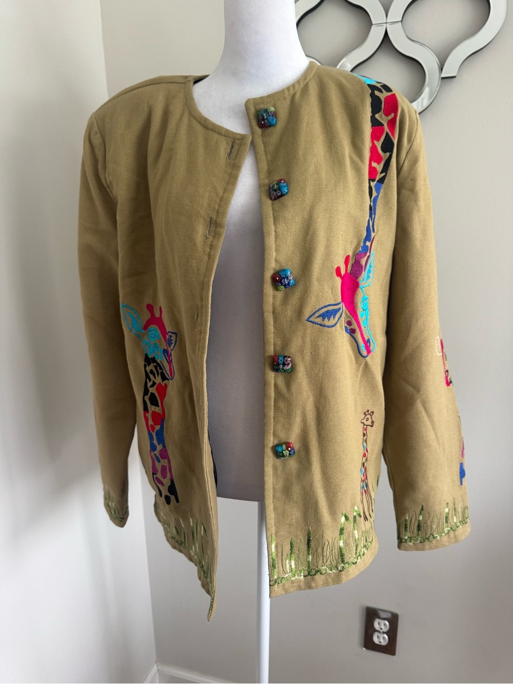 Daniel K Camel Embroidered Giraffe Jacket with Colorful Accents